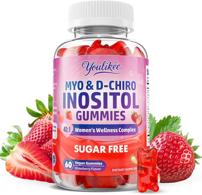 Myo-Inositol & D-Chiro Inositol Gummies for Women, Sugar-Free, 60 Count | Ideal 40:1 Ratio with Vitamin D3, Folate, Magnesium and Zinc - Support Female Health & Wellness, Strawberry Flavor
