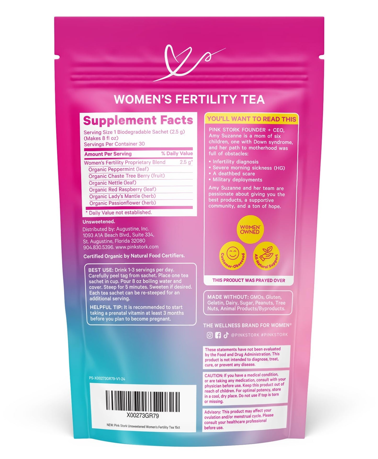 Pink Stork Organic Fertility Tea for Women, Sweet Mint, 15 Sachets | USDA Organic Herbs, Chaste Tree Berry (Vitex), Red Raspberry Leaf, Hormone Balance Support, Caffeine Free, 30 servings