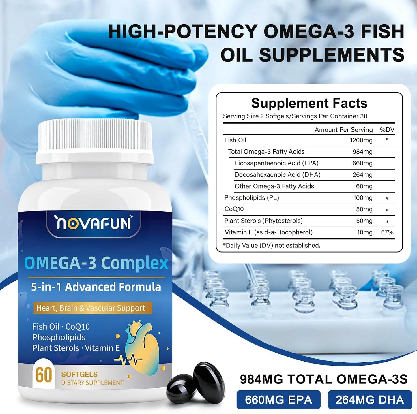 Omega 3 Fish Oil Supplements 1200mg - 984mg Omega-3 with CoQ10, Phospholipids & Plant Sterols - Heart & Brain Support for Men & Women - 60 Mini Softgels