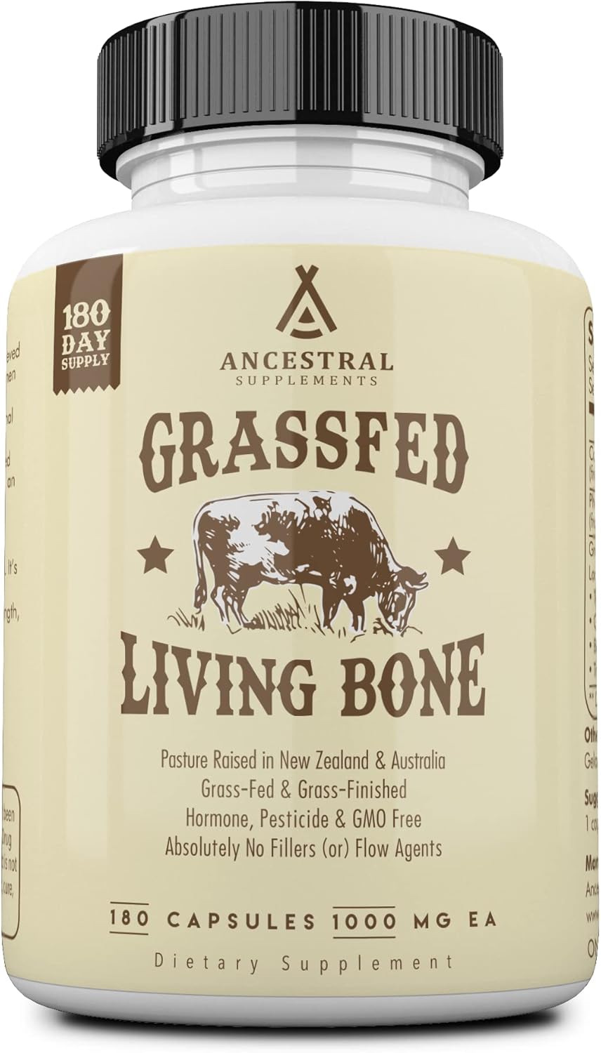 Ancestral Supplements Grass Fed Beef Living Bone Supplement, 180 Ct | Grassfed bone meal capsule supporting calcium and phosphorus absorption, bone, oral and joint health & flexibility.