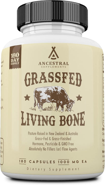 Ancestral Supplements Grass Fed Beef Living Bone Supplement, 180 Ct | Grassfed bone meal capsule supporting calcium and phosphorus absorption, bone, oral and joint health & flexibility.