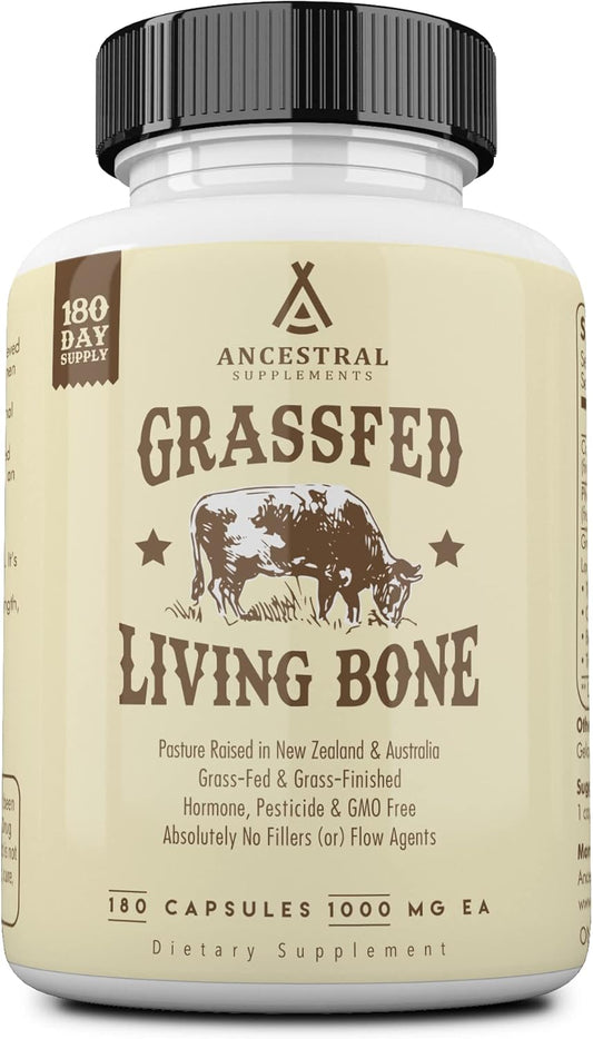 Ancestral Supplements Grass Fed Beef Living Bone Supplement, 180 Ct | Grassfed bone meal capsule supporting calcium and phosphorus absorption, bone, oral and joint health & flexibility.