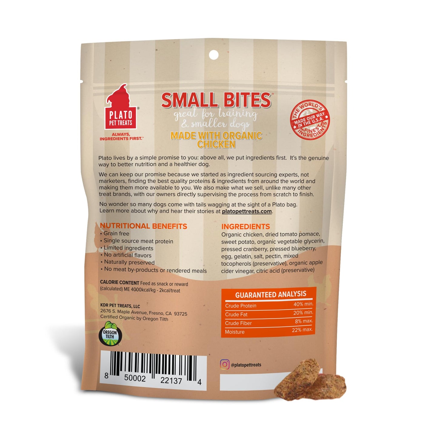 PLATO Pet Treats Small Bites - Air-Dried Training Treats for Dogs - Supports Healthy Digestion - Limited Ingredients - Organic Chicken 6oz - 2 Pack