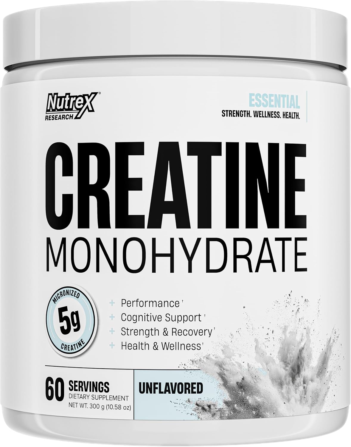 Nutrex Research Essentials Creatine Monohydrate Powder, 5g Micronized Creatine per Scoop, Unflavored, 60 Servings, Gluten Free, Supports Strength, Recovery, and Cognitive Function