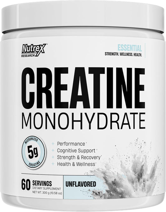 Nutrex Research Essentials Creatine Monohydrate Powder, 5g Micronized Creatine per Scoop, Unflavored, 60 Servings, Gluten Free, Supports Strength, Recovery, and Cognitive Function