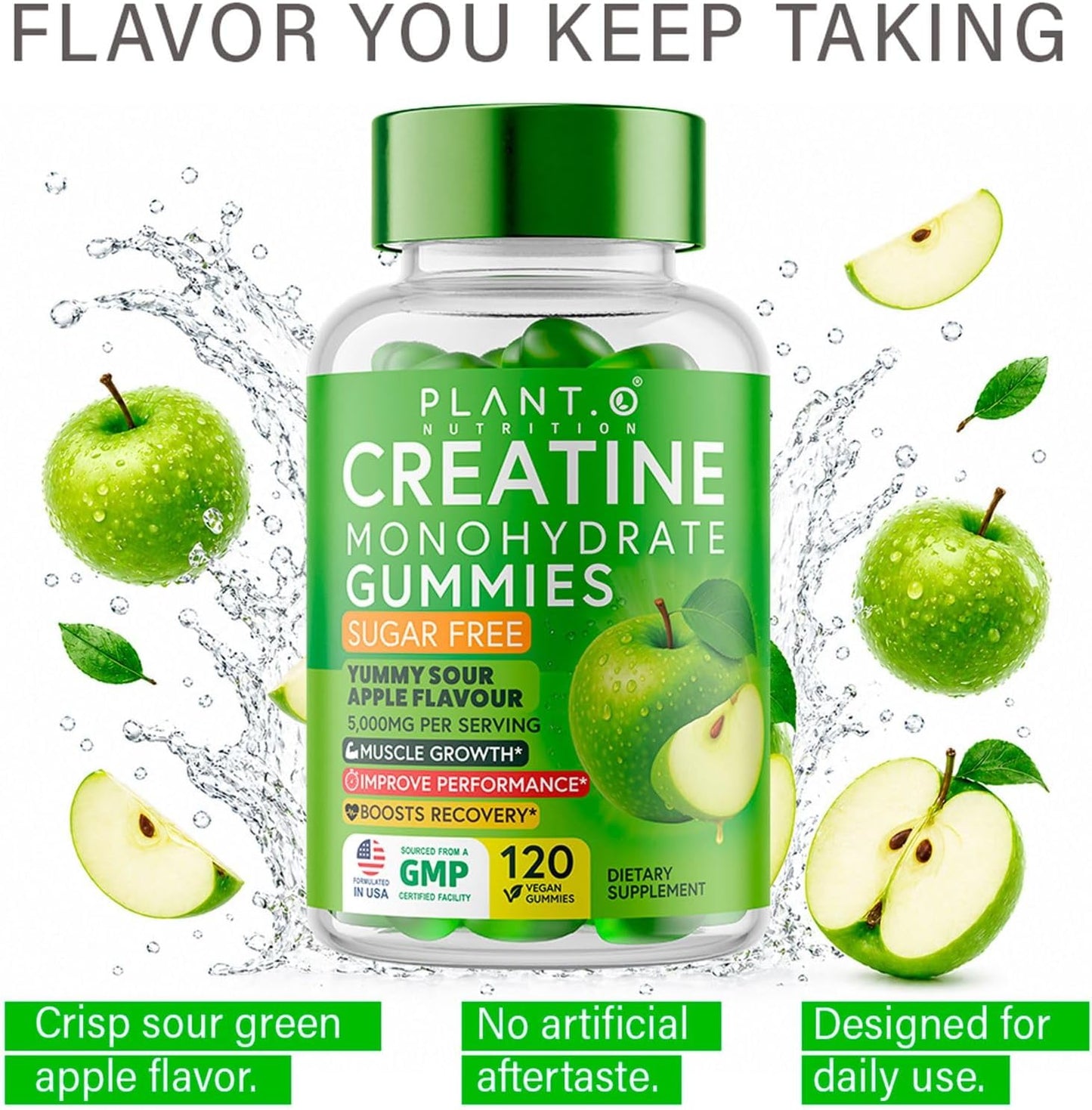 Creatine Monohydrate Gummies Sugar Free – 5000mg (5g) Per Serving (4 Gummies), 120 Count – Crisp Sour Green Apple Flavor – No Mixing – Vegan Creatine Gummies for Men & Women, Non-GMO, Gluten Free