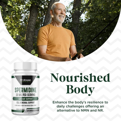 Probase Nutrition Spermidine (10mg of 99% Spermidine 3HCL - Third Party Tested) 120 Capsules - 100x More Potent Than Wheat Germ Extract, Telomere Health and Aging 120-Day Supply - As efficient as NMN