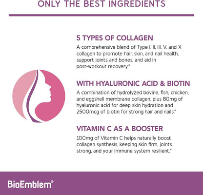 BioEmblem Beauty Collagen - Multi Collagen Complex, Hyaluronic Acid, Vitamin C & Biotin - Bovine, Fish, Chicken Bone Broth & Eggshell Membrane Sources - 30 Servings