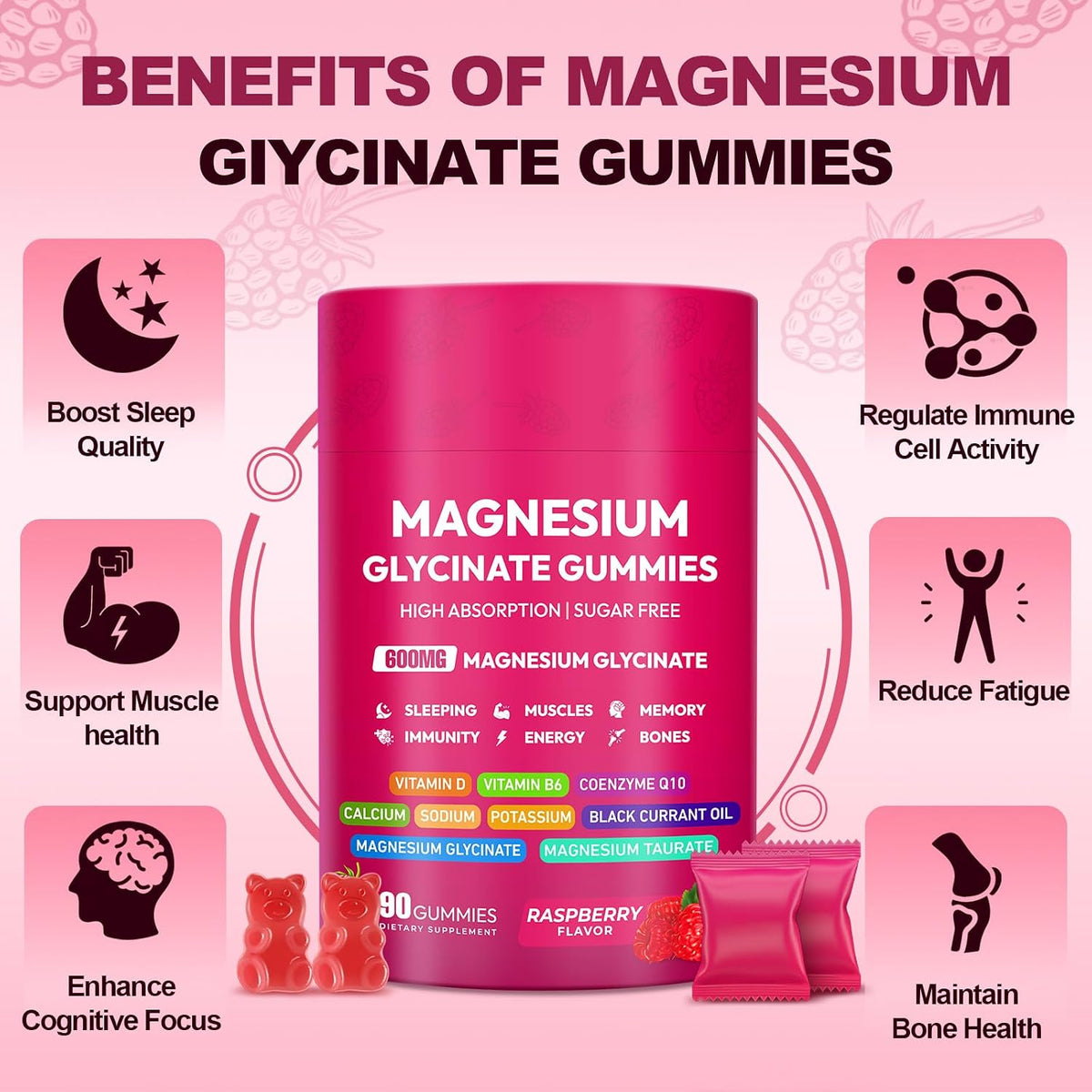 Magnesium Glycinate Gummies 600mg, High Absorption Magnesium Complex, Sugar Free Chewables Gummies with VitaminD & B6, CQ10 for Adults & Kids, Relaxation, Muscle & Zzz Support