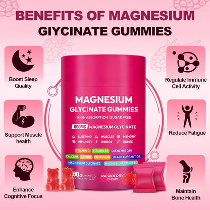 Magnesium Glycinate Gummies 600mg, High Absorption Magnesium Complex, Sugar Free Chewables Gummies with VitaminD & B6, CQ10 for Adults & Kids, Relaxation, Muscle & Zzz Support