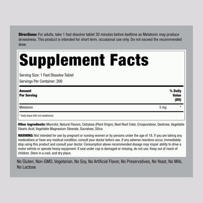 Piping Rock Melatonin 5mg | 200 Fast Dissolve Tablets | Berry Flavor | Adult Supplement | Vegetarian, Non-GMO, Gluten Free Formula