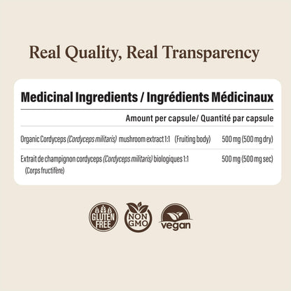 Real Mushrooms Supplement Capsules - Cordyceps Mushroom Powder Rich in Beta Glucans - Mushroom Pills Cordyceps for Energy and Performance - Vegan, Non-GMO, No Grain Fillers, 120 ct