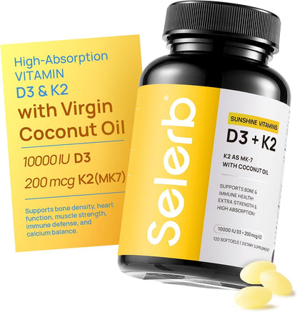 Selerb Vitamin D3 K2 with Virgin Coconut Oil -Vitamin D3 10000 IU + K2 MK-7 200 mcg Vitamin Supplement for Bone, Immune and Heart Support Easy to Swallow 120 Softgels