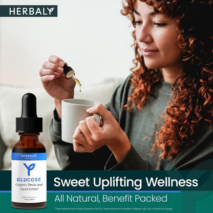 Herbaly Glucose Organic Stevia Leaf Sweetener - Antioxidant Rich Blend - Balanced Systems & Energy- Natural Wellness - Delicious Daily Sweetness For Tea, Coffee, & More - Vegan Formula - 1 fl oz