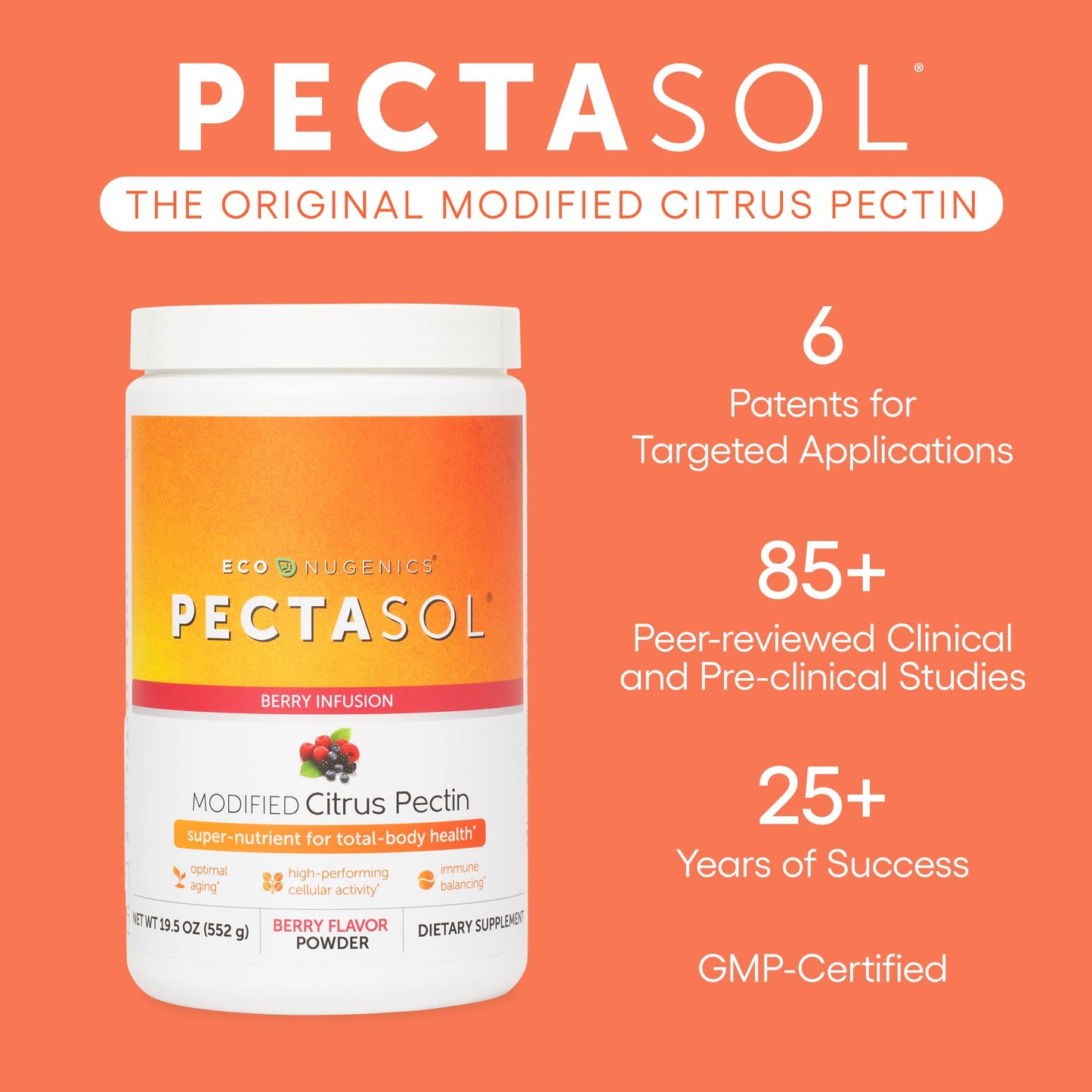 EcoNugenics PectaSol Modified Citrus Pectin – 184g Berry Powder – Total-Body Health Supplement to Support Immune System, Inflammation Response & Healthy Aging + Maintain Healthy Galectin-3 Levels