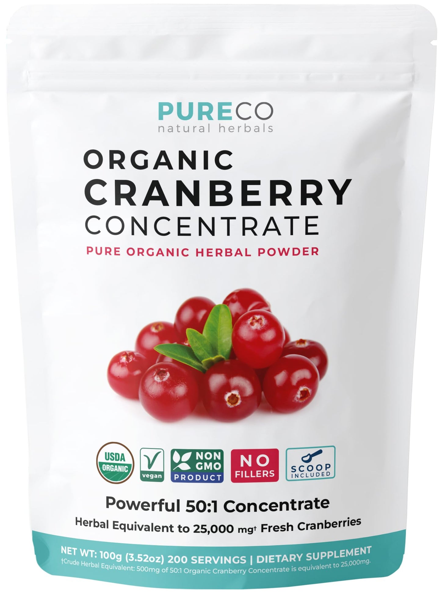 PURE CO USDA Organic Cranberry Concentrate Powder - Organic Cranberry Powder 500mg 50:1 Extract Per 1 Scoop Serving - Kidney Cleanse & Urinary Tract Support for Women - 100 Servings