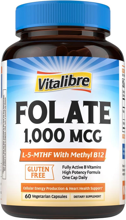 Vitalibre Methyl Folate 1000 mcg, L-5-MTHF with Methylcobalamin B12, Heart & Blood Health, Healthy Nervous System, Energy Support, Vegan, Bioactive Form, Best Absorption, 60 Capsules