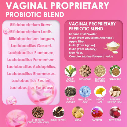 Vaginal Probiotics for Women Vaginal Moisturizer, pH, Odor, Flora, Hormones, Comfort, Mood & Relaxation, 30-in-1 Vaginal Moisture Plus with Slippery Elm Bark, Hyaluronic Acid, Fenugreek - 120 Caps