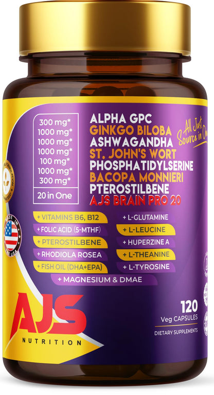 AJS Alpha GPC Nootropic Brain Supplement with Bacopa, 90 Capsules