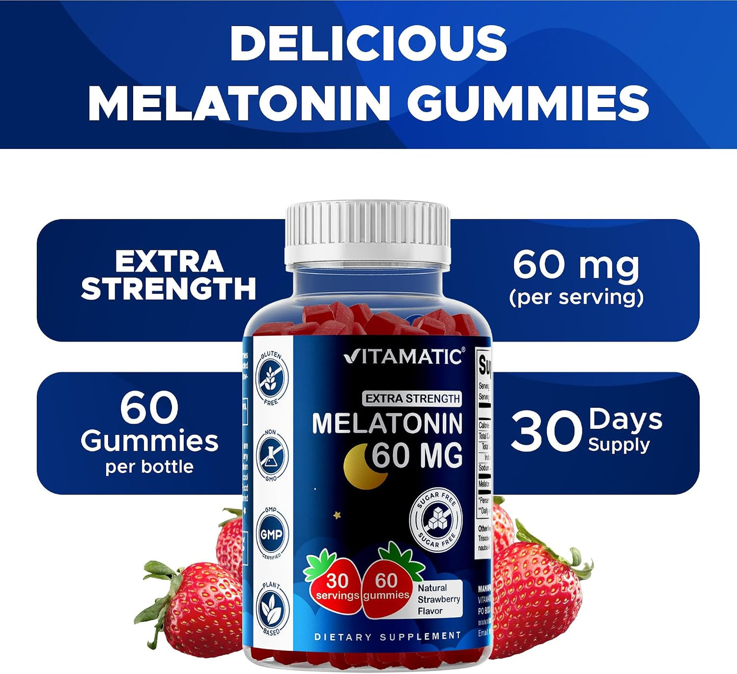 Vitamatic Sugar Free Melatonin 60 mg Per Serving - 60 Vegetarian Gummies | Non-Habit Forming High Potency Melatonin Supplement