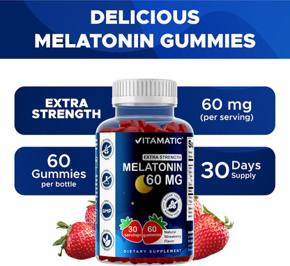 Vitamatic Sugar Free Melatonin 60 mg Per Serving - 60 Vegetarian Gummies | Non-Habit Forming High Potency Melatonin Supplement