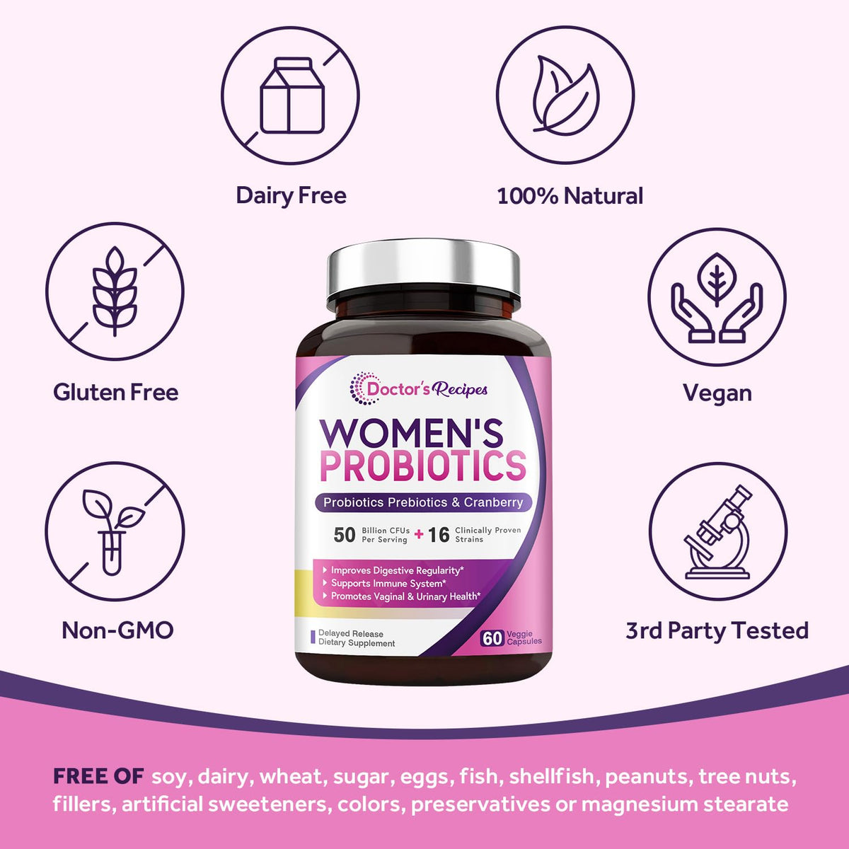 Doctor's Recipes Women's Probiotics, 50 Billion CFU 16 Strains, with Organic Prebiotics