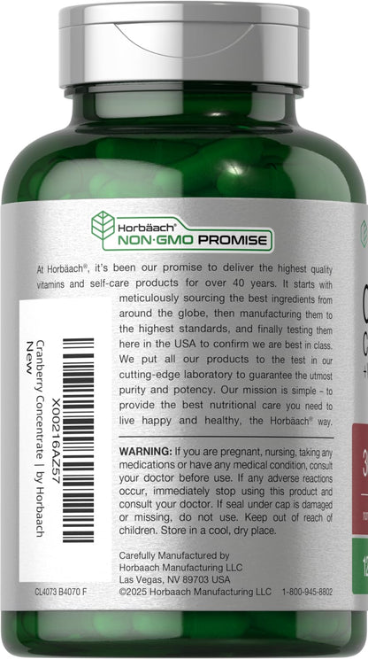 Horbäach Cranberry Concentrate Extract Pills + Vitamin C | 120 Capsules | Supplement for Women and Men | Triple Strength Ultimate Potency Formula | Non-GMO and Gluten Free
