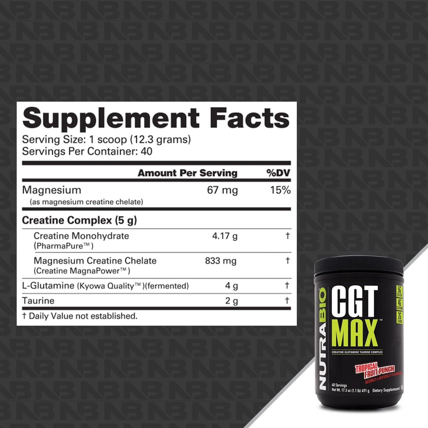 NutraBio CGT-MAX Powder- Creatine, Glutamine and Taurine to Support Muscle Recovery and Strength - 40 Servings - Unflavored
