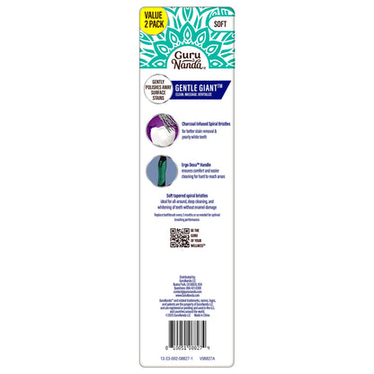 GuruNanda Gentle Giant Toothbrush with Dual Action Flossing Spiral Bristles, Non-Slip Ergo Dexa Grip, Helps in Teeth Whitening, BPA Free Manual Toothbrushes, Assorted Colors, 4 Count