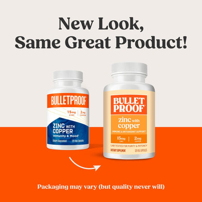 Bulletproof Zinc with Copper Capsules, 60 Count, Minerals and Antioxidant Supplement for Immunity and Mood
