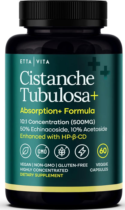 Potent Cistanche Tubulosa Capsules (500 mg) Stress Response, Mood & Cortisol Support (2x Potent 50% Echinacoside/10% Acetoside) Hormonal Balance for Men & Women - Cistanche Supplement, Powder Extract