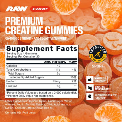 RAW Nutrition Creatine Gummies, Blue Raspberry, 5g Creatine Monohydrate, Supports Strength & High-Intensity Performance, No Mixing Chewable Pre/Post Workout Supplement, 120 Gummies (30 Servings)