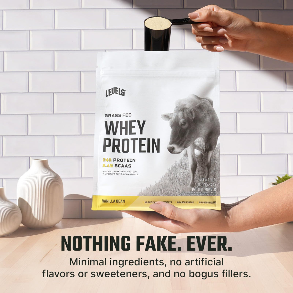 Levels Grass Fed 100% Whey Protein, No Hormones, Vanilla Bean, 1LB