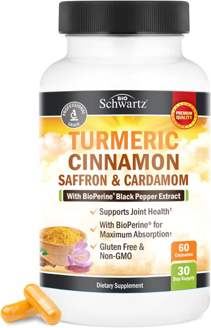 Turmeric Supplement with Saffron, Cinnamon, Cardamom & BioPerine - 60ct