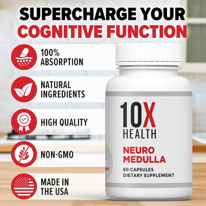 10X Health Brain Supplements for Memory and Focus - 60 Capsules | Ginkgo Biloba: Vitamin B1 & B3, Nootropic Brain & Memory Support, 60 Capsules