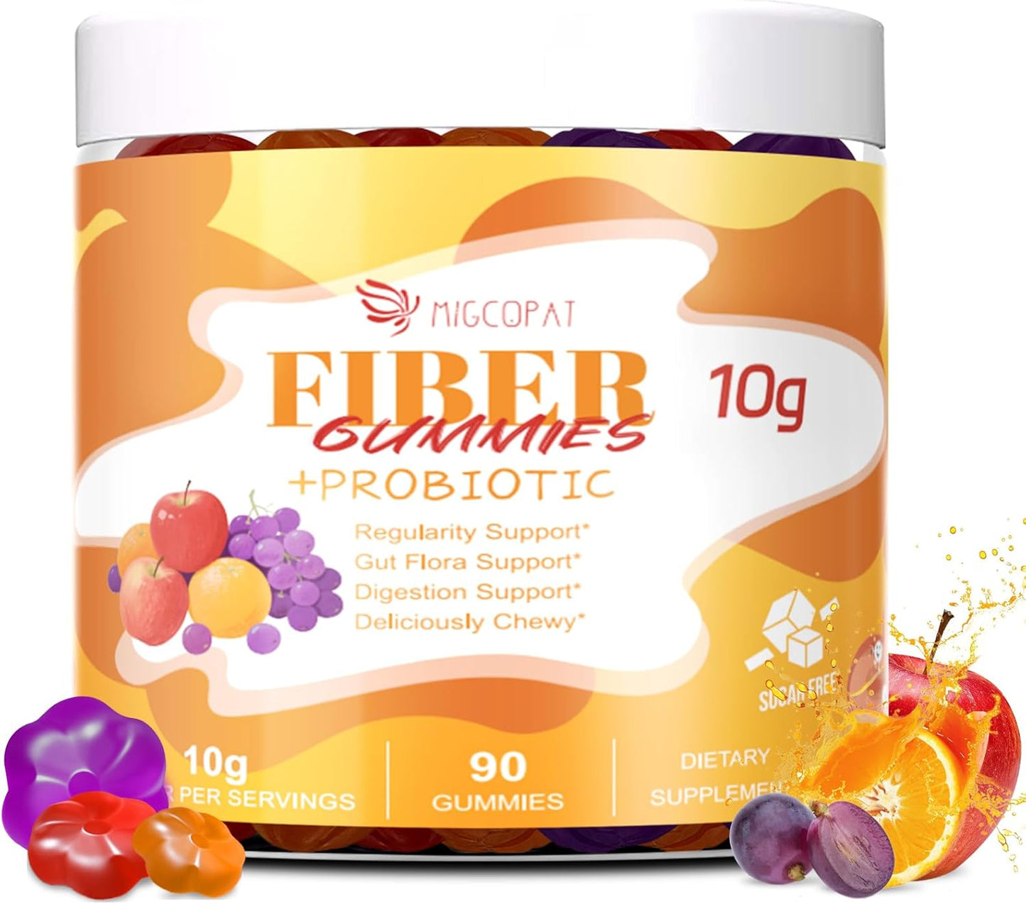 Migcopat 10G Fiber Gummies with Probiotics, Fiber Supplement with 30 Billion CFU Probiotics Blend, ACV, Vitamin C, Inulin - Support Digestive Health - No Sugar Added - Fruit Flavored - 90 Count
