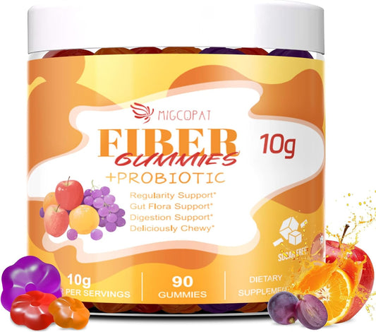 Migcopat 10G Fiber Gummies with Probiotics, Fiber Supplement with 30 Billion CFU Probiotics Blend, ACV, Vitamin C, Inulin - Support Digestive Health - No Sugar Added - Fruit Flavored - 90 Count