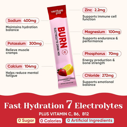 Venture Pal Electrolyte Packets + Burn Support, Sugar Free, 16 Sticks | 7 Electrolytes + L-Carnitine, Berberine, ACV, Chromium, Green Tea, Metabolic Support, Keto Friendly, Vegan, Liquid Daily IV