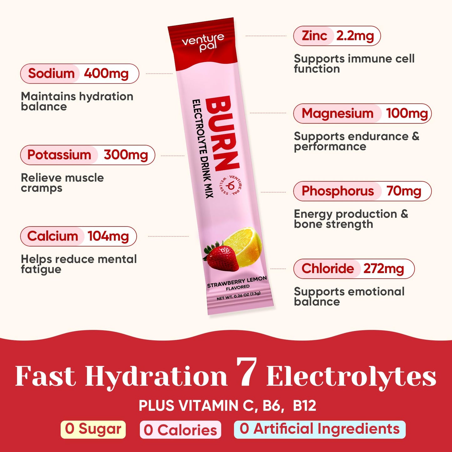 Venture Pal Electrolyte Packets + Burn Support, Sugar Free, 16 Sticks | 7 Electrolytes + L-Carnitine, Berberine, ACV, Chromium, Green Tea, Metabolic Support, Keto Friendly, Vegan, Liquid Daily IV