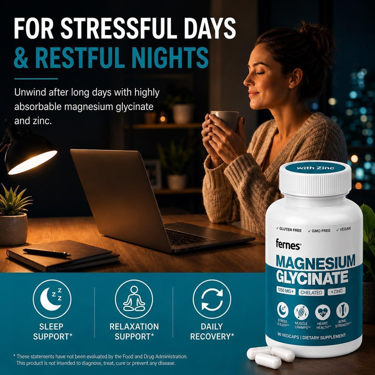Magnesium Glycinate with Zinc - 275mg Elemental Magnesium + 8mg Zinc for Busy Professionals Who Need Better Sleep, Muscle Recovery and Immune Support, 180 Capsules
