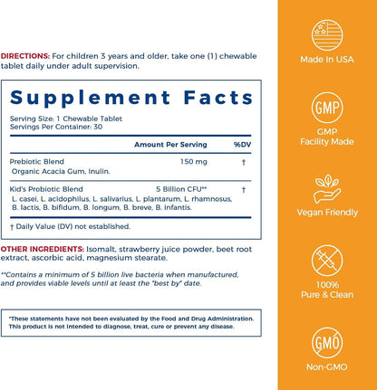 NewRhythm Kids Probiotic Chewables, 5 Billion CFU 10 Strains, with Prebiotic Fiber Inulin & Organic Acacia, Natural Strawberry Flavored, for Digestive & Immune Support, 30 Chewable Tablets