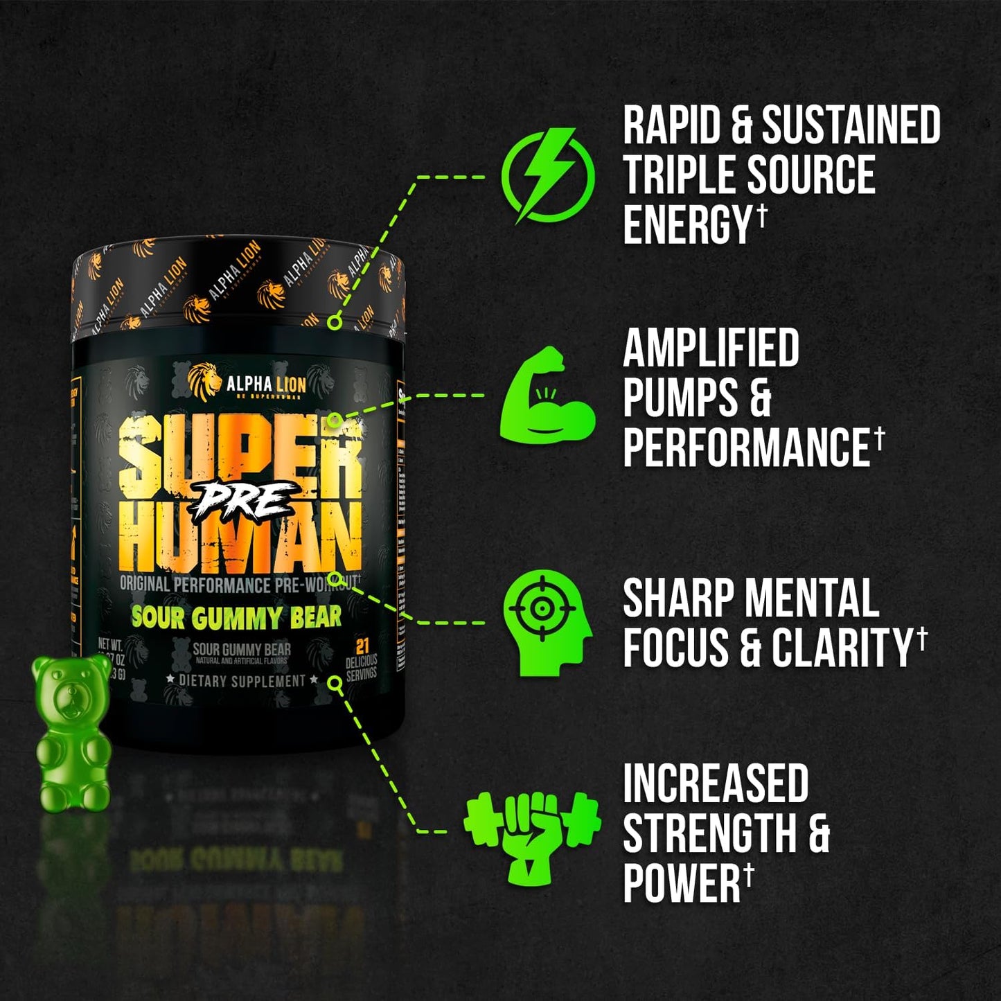 ALPHA LION Superhuman Pre Workout Powder, Beta Alanine, L-Taurine & Tri-Source Caffeine for Sustained Energy & Focus, Nitric Oxide & Citrulline for Pump (21 Servings, Sour Gummy Bear Flavor)