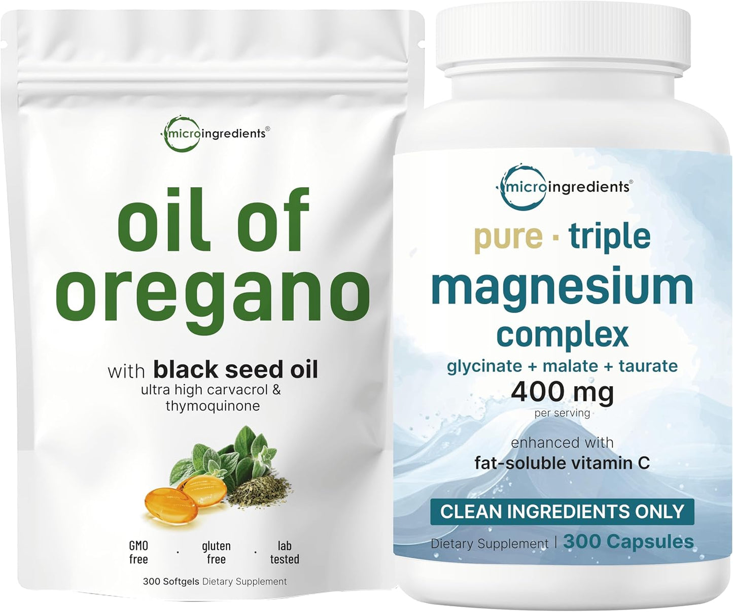 Micro Ingredients Oil of Oregano Softgels & Pure Triple Magnesium Complex 400mg Capsules | 2 Pack Bundle | 4X Strength Thymoquinone with Black Seed | Glycinate, Malate, & Taurate Forms