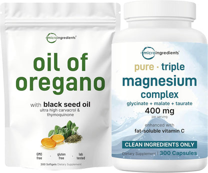 Micro Ingredients Oil of Oregano Softgels & Pure Triple Magnesium Complex 400mg Capsules | 2 Pack Bundle | 4X Strength Thymoquinone with Black Seed | Glycinate, Malate, & Taurate Forms