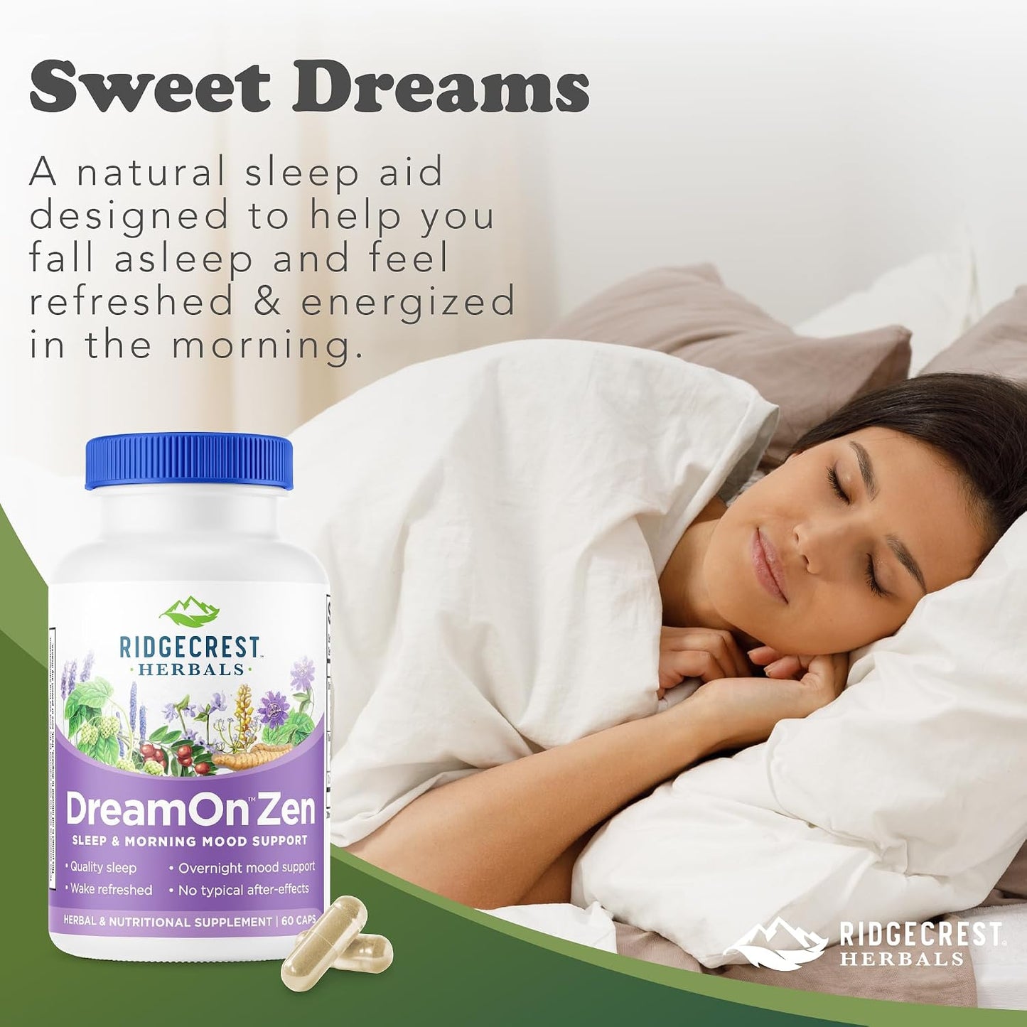 RidgeCrest Herbals DreamOn Zen Sleep Support, Melatonin Free 60 Ct | 30 Servings, Magnesium, 5-HTP, Lavender, Chamomile, Valerian, Lemon Balm, Calm and Rest Support for Ages 12 and Up