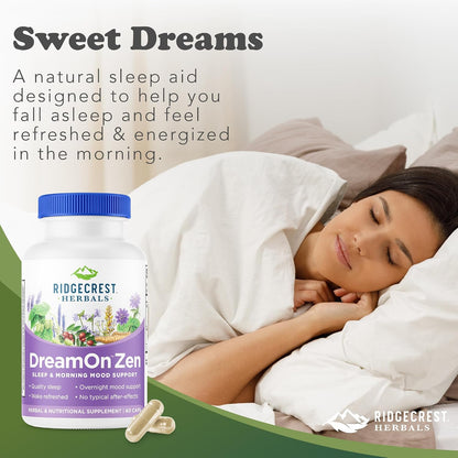 RidgeCrest Herbals DreamOn Zen Sleep Support, Melatonin Free 60 Ct | 30 Servings, Magnesium, 5-HTP, Lavender, Chamomile, Valerian, Lemon Balm, Calm and Rest Support for Ages 12 and Up