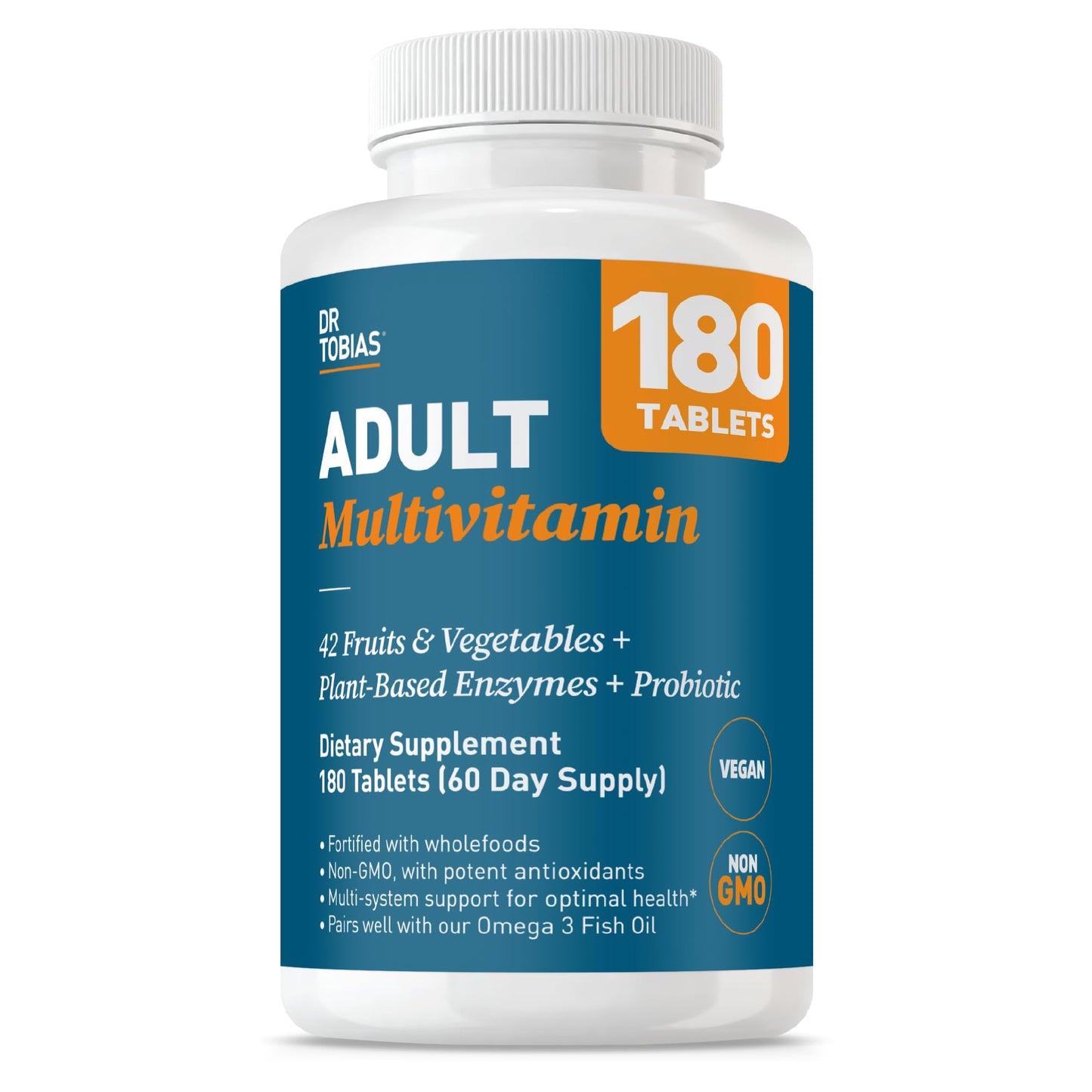 Dr. Tobias Adult Multivitamin for Women & Men 90 Count | Daily Energy & Immune Support | Vitamin Supplement with 42 Fruits & Vegetables + Probiotic + Enzymes | Vegan | 30 Servings