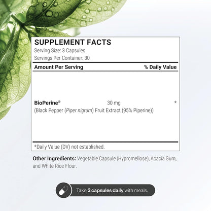 SuperSmart Bioperine 30mg per Day (95% Piperine) - Black Pepper Extract Supplement - Absorption Enhancer - Digestive Enzymes Support | Non-GMO & Gluten Free - 90 Vegetarian Capsules
