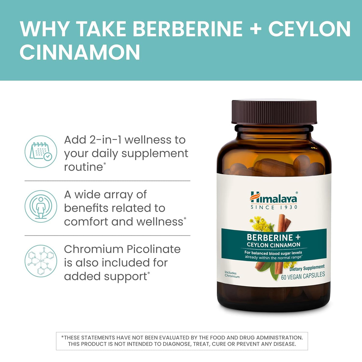 Himalaya Berberine with Ceylon Cinnamon+Chromium Picolinate,60 Caps