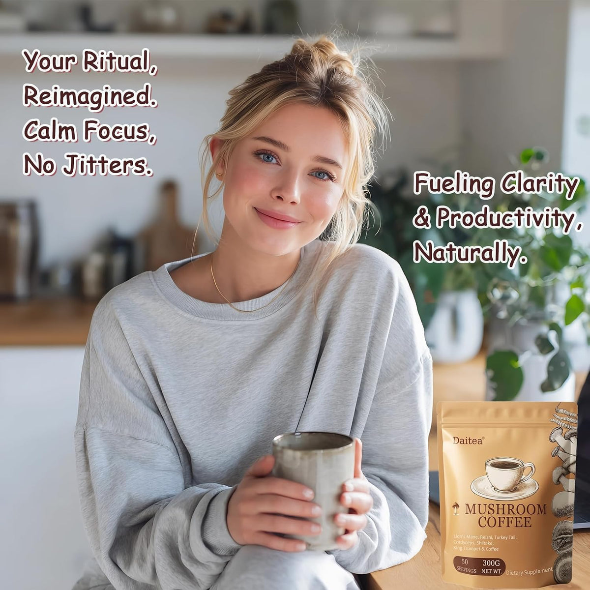 Mushroom Coffee, 10.58 Ounce Adaptogenic Mushrooms Instant Coffee Powder - Lion’s Mane, Reishi, Turkey Tail, Cordyceps, King Trumpet & Shitake for Energy, Focus, Digestion & Immune Support, 50 Servings